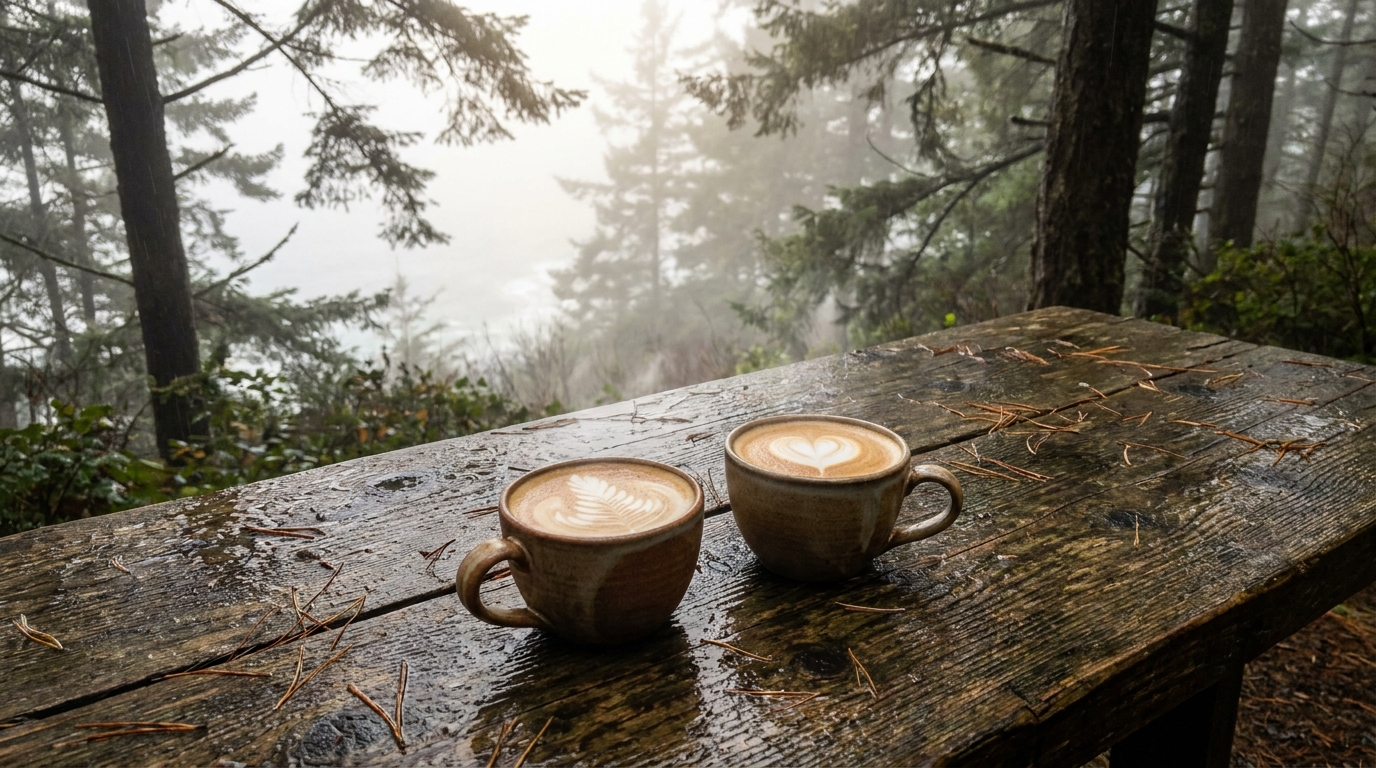 Two steaming coffee cups on a rustic wooden table in a misty coastal forest