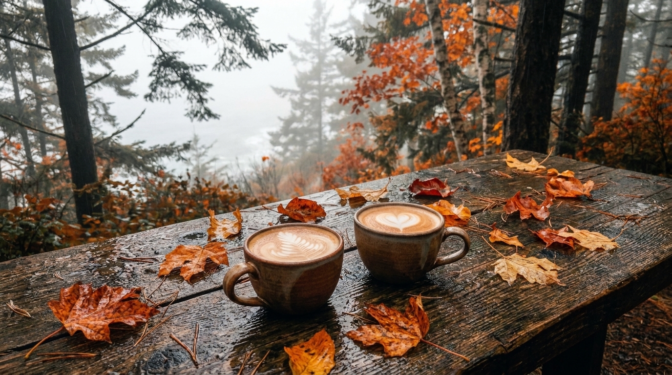 Steaming coffee cups on a rustic wooden table surrounded by warm autumn foliage in a misty coastal sanctuary